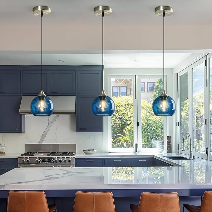 Blue Glass Pendant Lights Kitchen Island Lighting Globe Pendant Light Fixtures Modern Pendant Lighting for Kitchen Island Bedroom Living Dining Room Light Fixture(5.9in, 1-Pack)