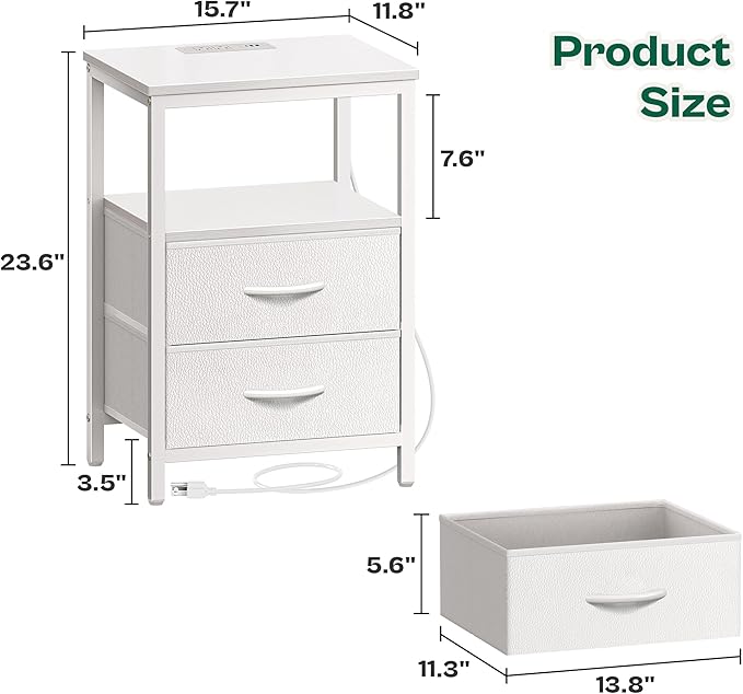 Huuger Night Stand with Charger Station and LED Lights, 2 Drawer Nightstand, Bed Side Table with Open Shelf, End Table, Fabric Dresser for Bedroom, PU Leather, White