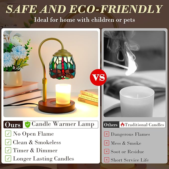 Candle Warmer Lamp with Timer Dimmer, Adjustable Height Candle Warmer for Jar Candles, Birthday Gifts for Women New Home Bedroom Decor Tiffany Dragonfly Style Stained Glass with 2 Bulbs