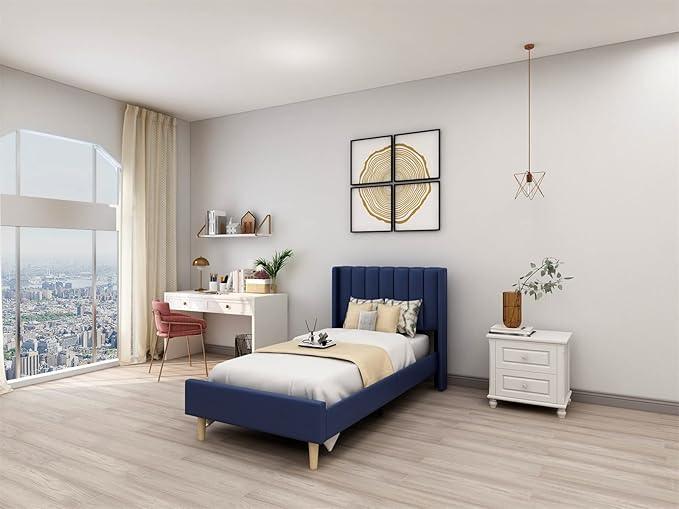Low Profile Upholstered Platform Bed,Twin Beds with Dark-Blue(Linen)