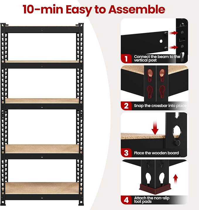 Yaheetech Storage Shelves 5 Tier Garage Shelving Heavy Duty Garage Shelves Adjustable Metal Shelving Unit Utility Rack Industrial Shelving for Warehouse Pantry Closet, 27.5" W x 12" D x 60" H, Black