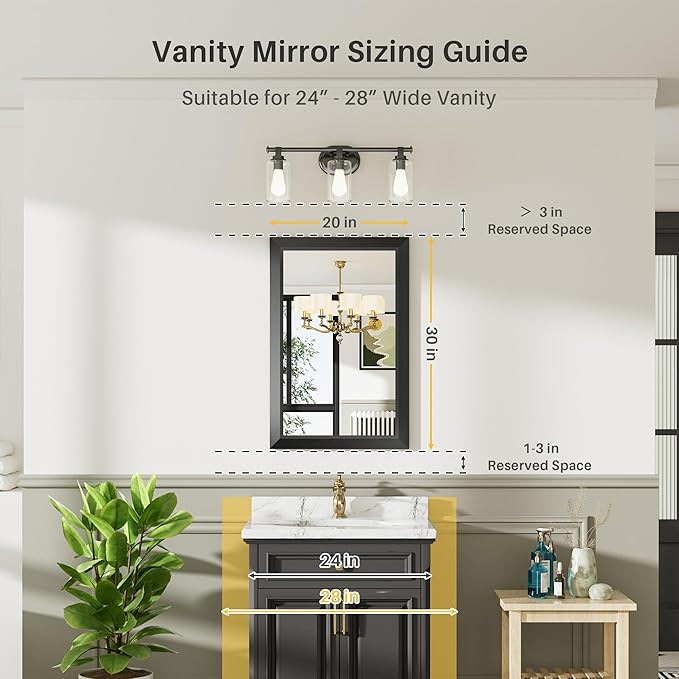 20x30 Inch Black Bathroom Mirror for Wall, Thick Metal Framed Rectangle Mirrors for Over Sink, Bedroom, Living Room, Entryway, Anti-Rust, HD Tempered Glass