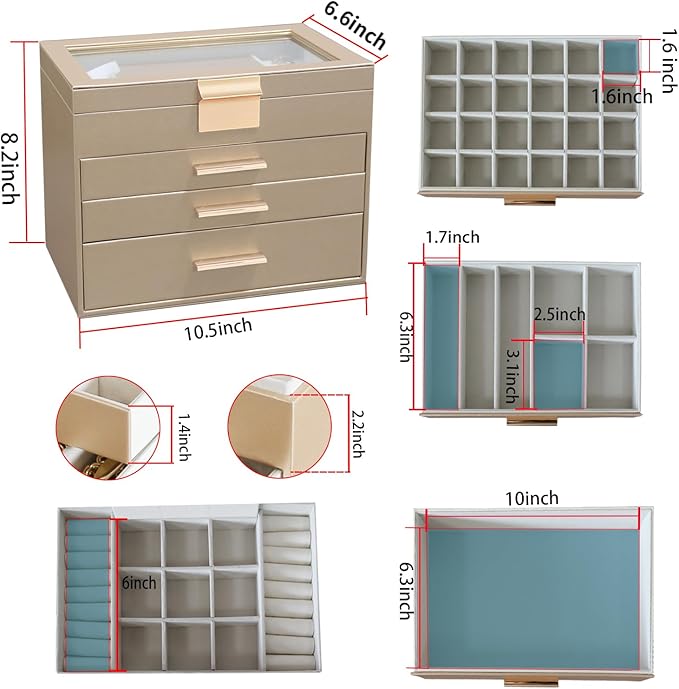 BOOVO Jewelry Boxes for Women, White and Black 4 Layer Large Jewelry Box for Necklace, Bracelet, Earrings, Rings Storage, Jewelry holder Organizer for Girls Gift (Gold, 4 layer)