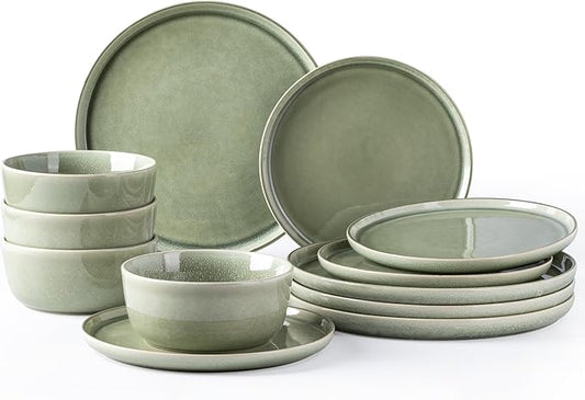 AmorArc Stoneware Dinnerware Sets for 4,Round Reactive Glaze Ceramic Plates and Bowls Set,Highly Scrath Resistant | Dishwasher & Microwave Safe Dishes Set,Service for 4 (12pc)
