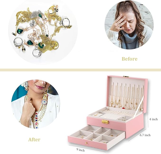 Jewelry Organizer Box for Women - Large PU Leather Jewelry Organizer Storage Case with Two Layers Display for Earrings Bracelets Rings Watches (Pink)