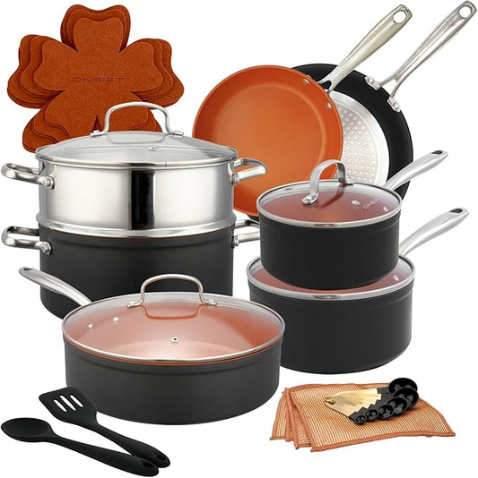 24 Pcs Pots and Pans Set Nonstick, Ceramic Cookware Sets, Kitchen Cookware Sets without PFAS, PTFE or PFOA, Compatible with All Stovetops, Oven Safe,Copper