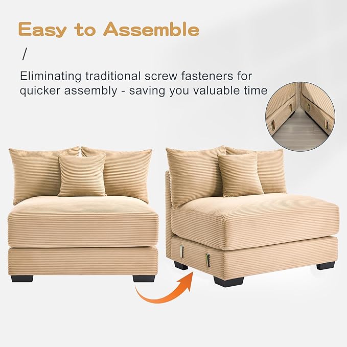 KEIKI 79" L-Shaped Oversized Corduroy Modular Cloud Sectional Sofa with 1 Ottoman, High-Density Foam Cushion, Extra-Thick Armrest, 3-Seater Fluffy Corner Couch with 10 Pillow, for Living Room, Camel