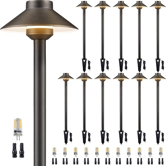 Brass Low Voltage Path Lights, 12V Landscaping Pathway Light IP65 Waterproof, Wired Walkway Lighting Outdoor, LED Bronze for Lawn Backyard with 3W 3000K Soft White G4 Bulb (12 Pack)