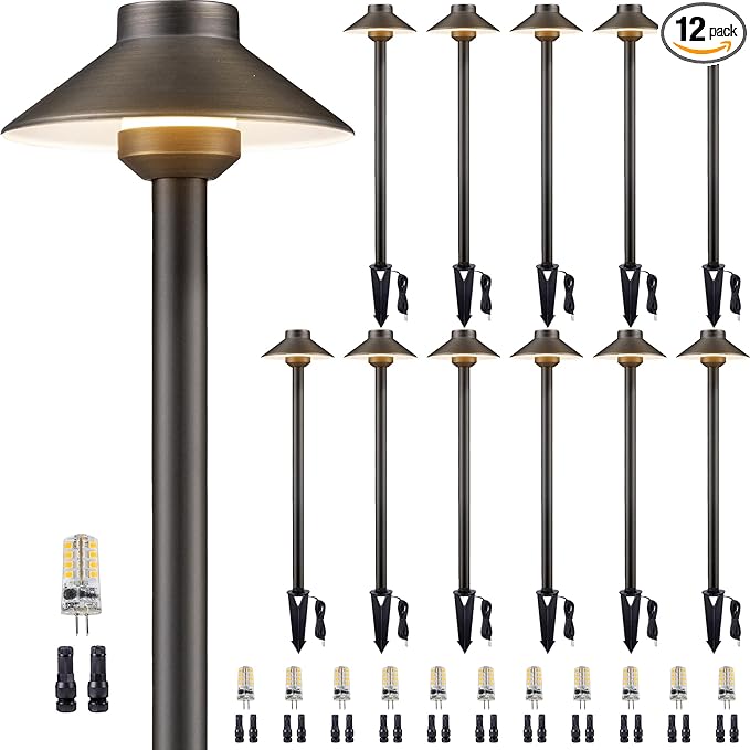 Solid Cast Brass Pathway Light - 12v Landscape Path Lights Outdoor Waterproof, Electric Walkway Fixture Wired, Antique Bronze Garden Decor with 3W 270LM 5000K Daylight G4 Bulb (12 Pack)