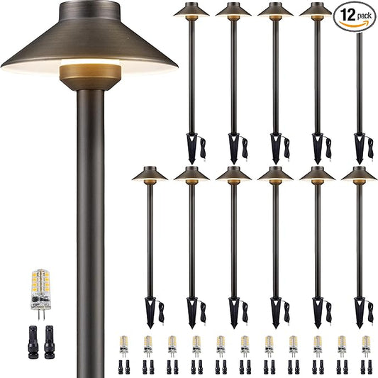Solid Cast Brass Pathway Light - 12v Landscape Path Lights Outdoor Waterproof, Electric Walkway Fixture Wired, Antique Bronze Garden Decor with 3W 270LM 5000K Daylight G4 Bulb (12 Pack)