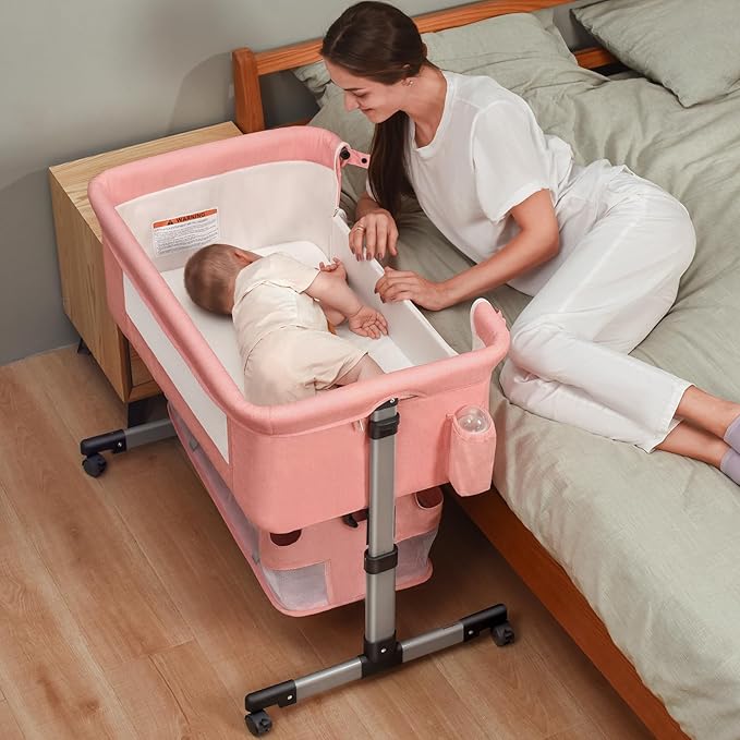 Baby Crib,3 in 1 Bedside Crib Adjustable Portable Bed for Infant,Baby Bassinet Newborn Must Have Bed,Pink