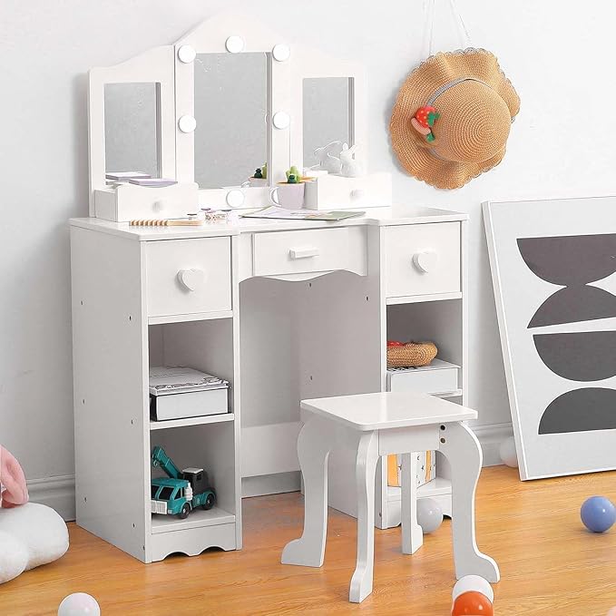 Kids Vanity Set With Mirror, 2 in-1 Wooden Toddler Vanity Table With Stool, Tri-Folding Mirror & Drawer,Princess Pretend Play Makeup Vanity Princess Makeup Desk Dressing Table for Little Girls