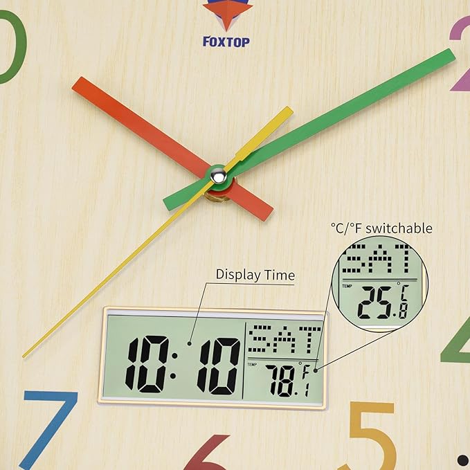 Foxtop Digital and Analog Kids Wall Clock 12 Inch Silent Non-Ticking Battery Operated Kids Clock for Kids Room Playroom Nursery Classroom School
