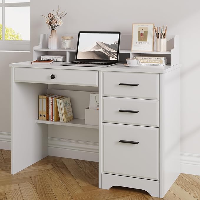 4 EVER WINNER White Desk with Drawers, Small Computer Desk with File Drawer for Small Spaces, Home Office Desks with Monitor Stand Wood Table for Study Writing, White