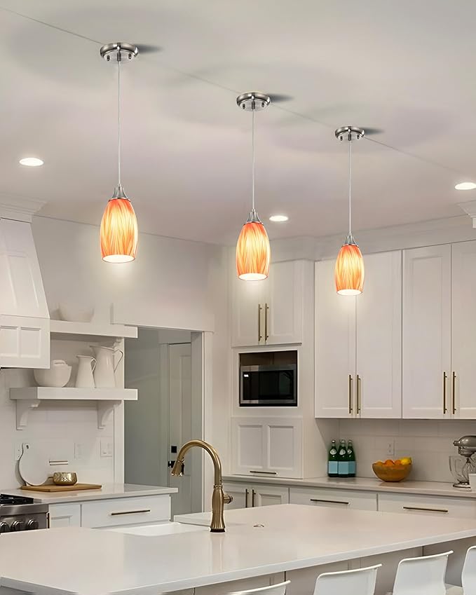 Glass Pendants Lights Kitchen Island Handcrafted Art Glass Mini Pendant Light Fixtures Oval Pendant Light Shade with Brush Nickel Finish Adjustable Cord for Kitchen Over Sink,Hallway,Dining/Bath