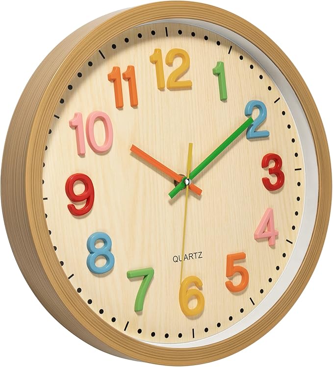 Foxtop Silent Kids Wall Clock Non-Ticking Battery Operated Colorful Childrens Clock for Classroom Playroom Nursery Bedrooms Kids Room (3D Numbers, 12 inch)