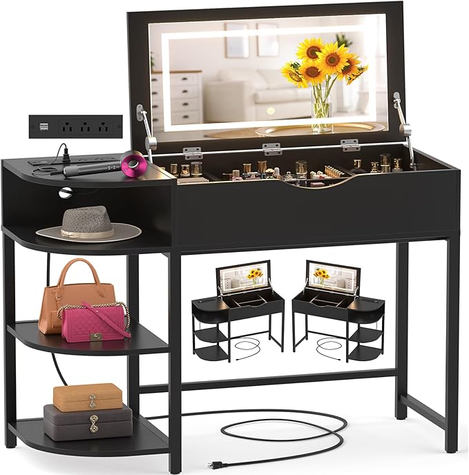 Cyclysio Vanity Desk with Flip Top Mirror and Lights, Makeup Vanity Desk with Drawers, Dressing Table with Storage Shelves & Charging Station, Small Vanity for Small Spaces, Black