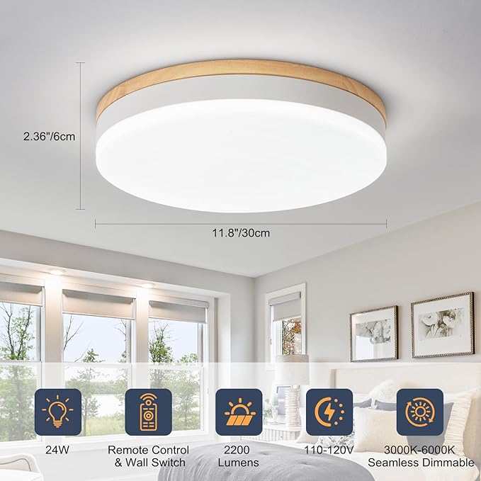 Modern Dimmable White Ceiling Lights with Remote, 11.8in Wood Flush Mount Ceiling Light Fixtures, 24W 3000K-6000K Color Adjustable, 2200LM Round Ceiling Lamp for Bedroom, Kitchen, Hallway
