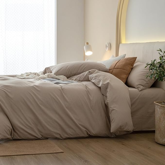 JIYUAN 100% Washed Cotton Duvet Cover Set 3 Pieces King, 1 Duvet Cover 104x90 Inches(Comforter Not Included) and 2 Pillowcases,Linen Feel Bedding Set Comfy and Breathable, Heathered Warm Taupe