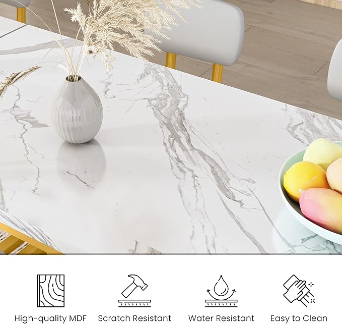 Lamerge Dining Table Set for 4 Bar Table and Chairs Set Faux Marble Counter Height Dining Table Set with 4 PU Upholstered Stools Kitchen Pub Table for Kitchen, Restaurant, Space Saving, Gold and White