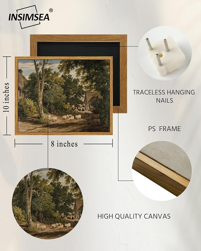 InSimSea Framed Canvas Wall Art Vintage Decor, Room Decor Classical Countryside Landscape Watercolor Painting Canvas Prints Wall Art for Living Room Badroom Farmhouse Bathroom Decor, 8"x10"