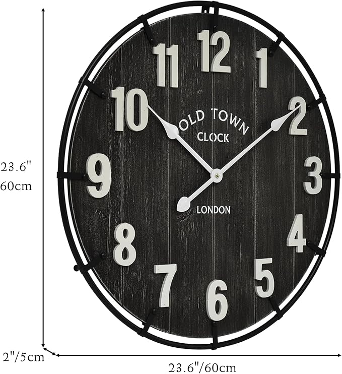 Large Old Town Farmhouse Wall Clock – 24 Inches Rustic Antique Wood with Metal Circle and Large Numerals, Silent Battery Operated Clock for Office, Kitchen, Bedroom, Living Room (Black)