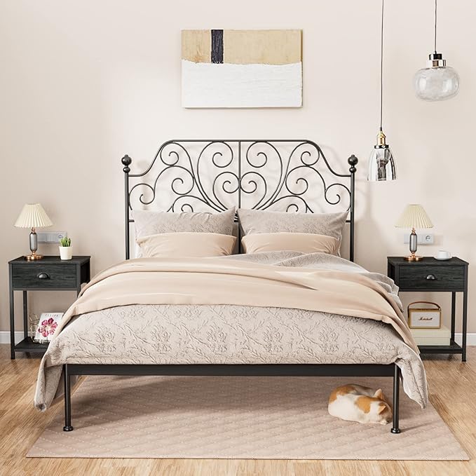 Nightstands Set of 2, Industrial End Table with Fabric Drawer&Storage Shelf, Small Bedside Table Organizer for Small Space for Living Room, Tall 23.6" Night Stand for Bedroom, Black Oak