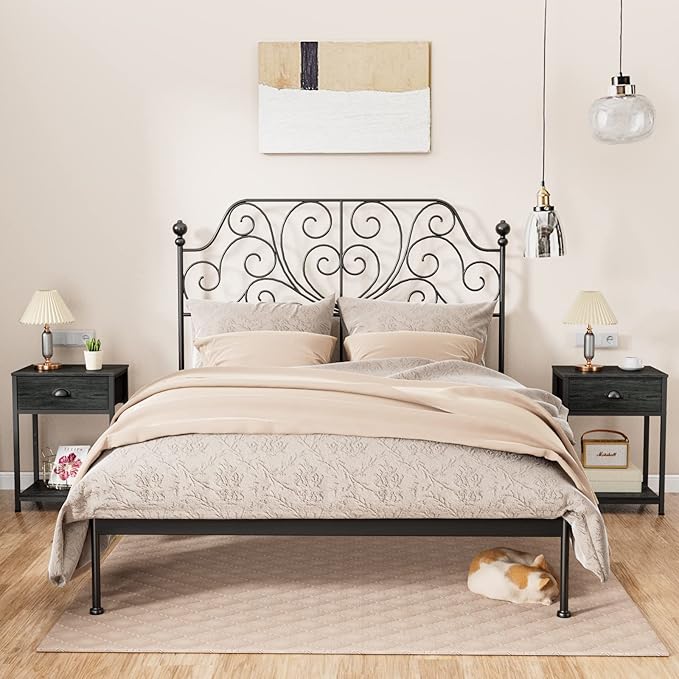 Furologee Nightstand with Fabric Drawer & Storage Shelf, Small Bedside Table Organizer for Small Space, 2 Tiers Industrial End Table, Side Table for Living Room, Bedroom, Black Oak