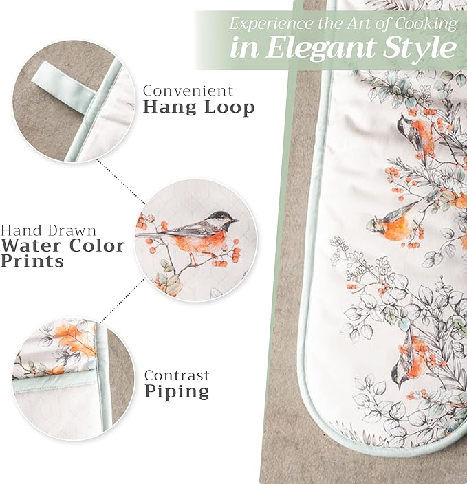 Maison d' Hermine Double Oven Mitt (7" x 35") 100% Cotton Heat Resistant BBQ Cooking Gloves with Loop for Thanksgiving Christmas Decorations Baking Cooking Handling Hot Pan (Whitish Shabby Chique)