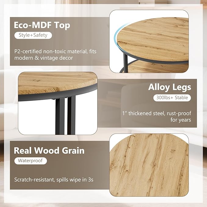 NSdirect Round Coffee Table, 36in Rustic Wooden Surface Top & Sturdy Metal Legs Industrial Sofa Table for Living Room Modern Design Home Furniture with Storage Open Shelf (Natural Walnut)