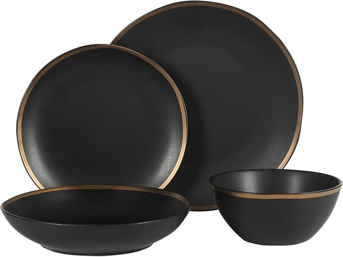 Gibson Elite Kings Road Double Plates and Bowl Organic Round Porcelain Dinnerware Set - Matte Black w/Gold Rim