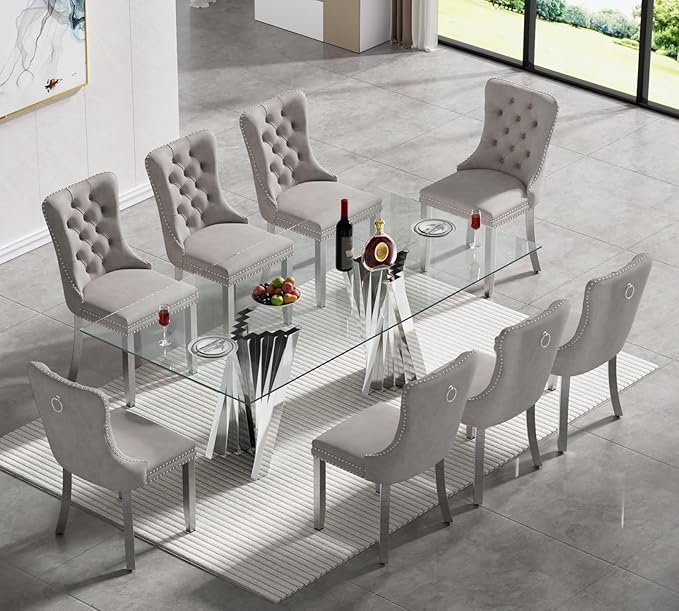 Goujxcy 70" Glass Dining Table Set for 8, Modern Silver Dining Table Set with 8 Grey Velvet Upholstered Dining Chairs, 9 Piece Kitchen Dining Room Table Set with Stainless Steel Legs