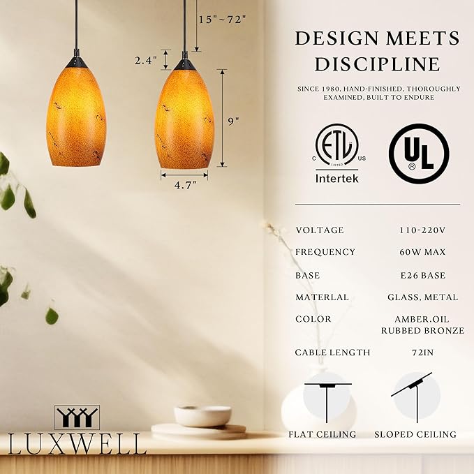 Pendant Lighting, Modern Handblown Amber Color Glass, Oval Art Shade Hanging Light, Oil Rubbed Bronze Finish for Kitchen, Dining Room, Foyer Decor 4.7" Shade (1 Pack)