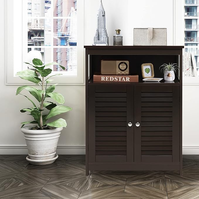 GLACER Bathroom Floor Cabinet, Wooden Storage Cabinet with Double Shutter Doors & 3-Position Adjustable Shelf, Side Storage Organizer, 23.5 x 12 x 31.5 inches (Espresso)