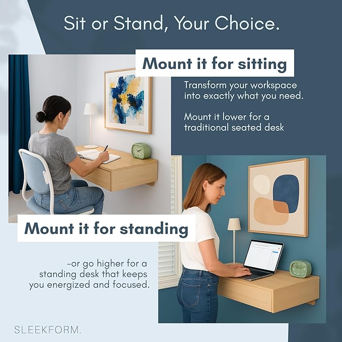 Sleekform Floating Desk for Wall with Drawer - 30x16x6 in. Floating Drawers, Wall Mounted Desk or Vanity Makeup Table, Modern White Oak Patterned Laminate