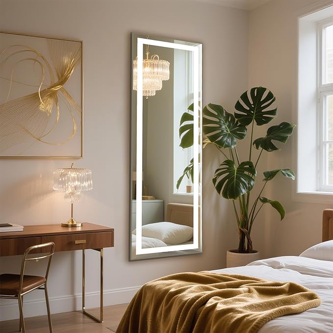 66x22 Frameless Full Length Mirror, Dimmable 3 Color LED Light w/Memory Function, Distortion Free, HD Reflection & Anti Desilvering, Tempered Glass & Shatter Proof Film Doubling Safety