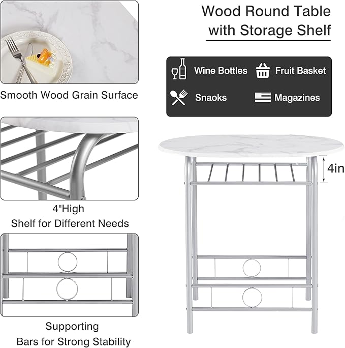 VECELO 3-Piece Dining Table Set for Kitchen Breakfast Nook, Wood Grain Oval Tabletop and Metal Frame with Built-in Wine Rack, for Small Spaces, 31.5", White & Silver