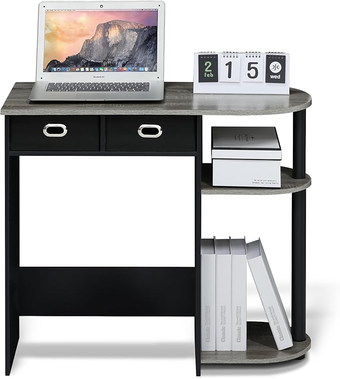 Furinno Go Green Home Laptop Notebook Computer Desk/Table with 2 Drawer Bins, French Oak Grey/Black/Black
