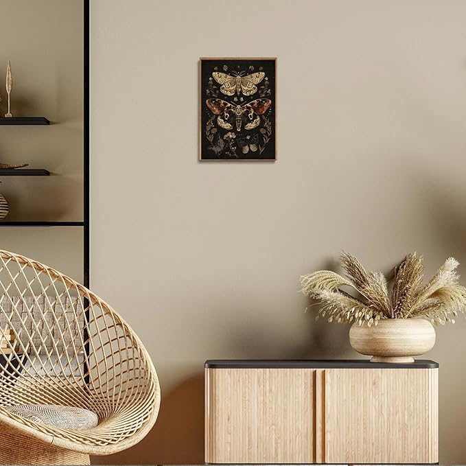 Djmwtb Vintage Framed Wall Art Moth Canvas Wall Art Prints Gothic Butterfly Floral Painting Boho Dark Academia Pictures Artwork for Living Room Bedroom Bathroom Office 12x16in