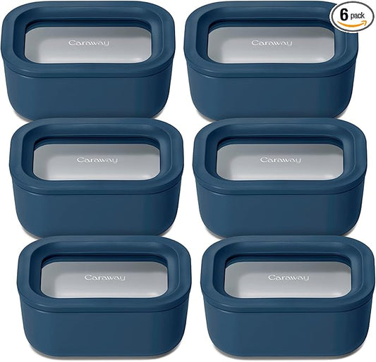 Caraway 6pc Glass Food Storage Set - 2.6 Cup Storage Containers For Food (6) - Non-Toxic Ceramic-Coated Glass - Air Release Technology - Compact & Stackable Design - Navy