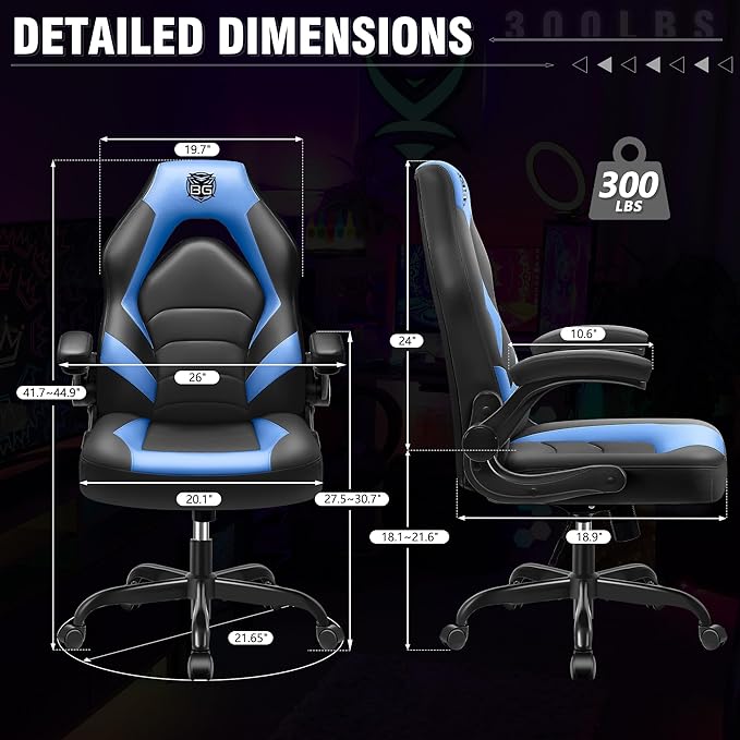 Gaming Chair, Leather High-Back Home Office Desk Chair with Flip-Up Arms, Ergonomic Padded Rolling Wheels Swivel Tilt Gamer Computer Chair with Comfy Lumbar Support, Height Adjustable, Blue