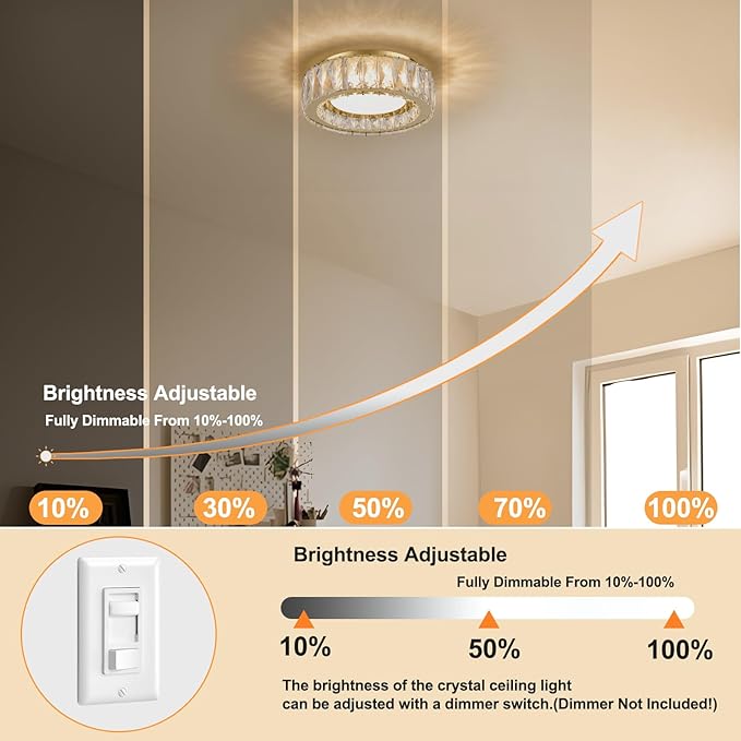 Crystal Gold Flush Mount Ceiling Light Fixture,Dimmable LED 5CCT 3000K-6000K Chandelier,11 Inch Modern Small 24W Round Lighting Fixtures for Kitchen Hallway Foyer Laundry Room