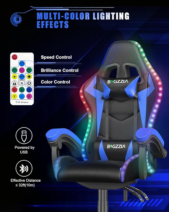 Bigzzia Gaming Chair with RGB LED Lights, High Back Ergonomic Computer Gamer Chair with Headrest and Lumbar Support, Racing Style Reclining Game Chair for Adults, Kids(Black/Blue)