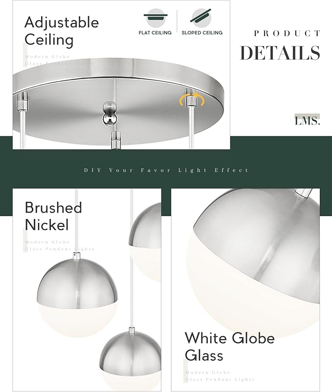 LMS Modern Brushed Nickel 3-Light Cluster Pendant Lights, Mid Century Pendant Lighting with White Globe Glass Shade, Adjustable Hanging Cord Ceiling Light for Home Office Dining Room, LMS-186BN3