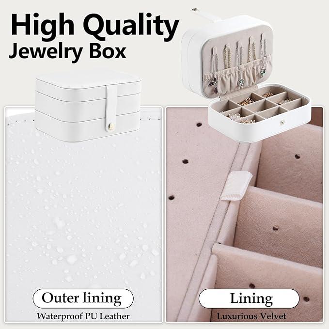 Travel Jewelry Case with LED Lighted Mirror, Portable Travel Jewelry Organizer, 2-Layer Jewelry Box for Earrings Necklace Bracelet Rings, Birthday Gifts for Women Girls Kids (White)