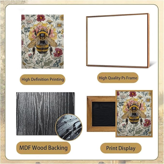 Djmwtb Framed Vintage Wall Art,Bee Wall Decor,Botanical Flower Wall Art,Nature Paintings Canvas Artwork Prints for Bedroom, Living Room 16x24in