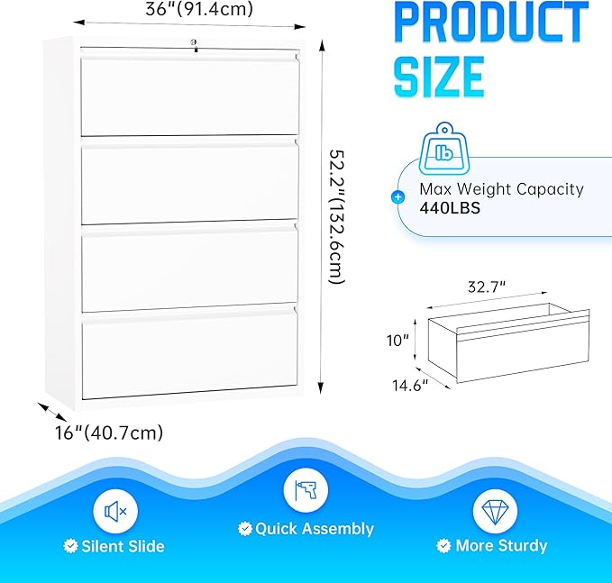 Greenvelly 4 Drawer File Cabinet with Lock, Lateral Filing Cabinets for Home Office, Lockable Metal Lateral File Cabinet, Wide Office File Cabinets with Hanging Files&Key for Letter/Legal/F4/A4