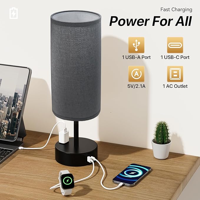 KPQ Small Bedside Lamp Touch Control Table Lamp with USB A+C Charging Ports & AC Outlet 3-Way Dimmable Nightstand Lamp with Linen Fabric Shade for Bedroom Living Room