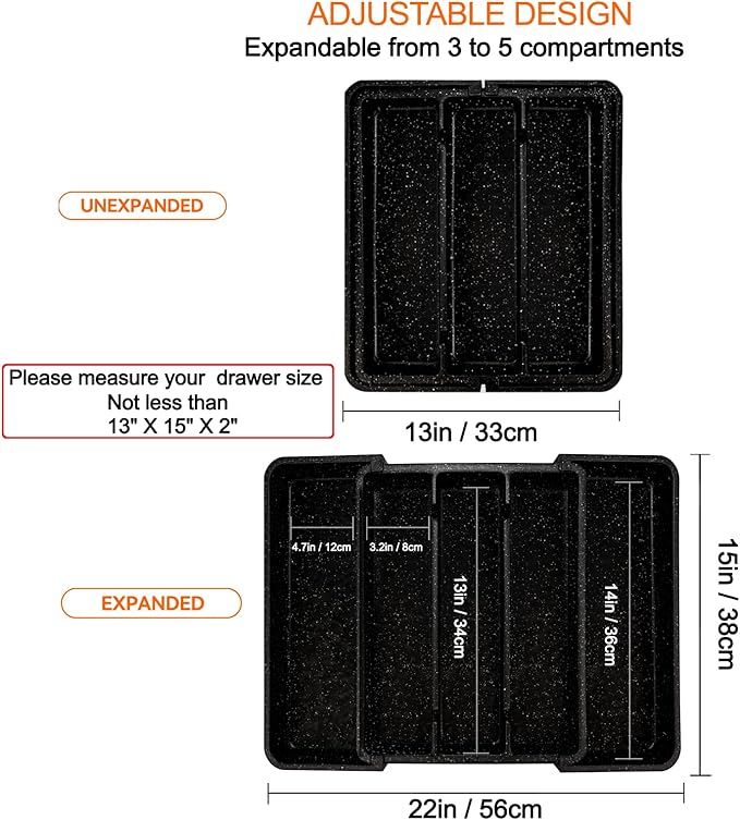 Utensil Drawer Organizer for Kitchen Cutlery, Expandable Large Silverware Organizer, Adjustable Cooking Utensil Tray, Plastic Spatula Tools and Gadgets Storage Divider, Marble Design, Black