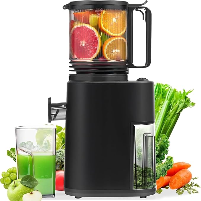Masticating Juicer with 250W DC Motor, 5.4" Wide Feed Chute, Slow Cold Press Juice Extractor for Whole Fruits & Vegetables, High Juice Yield, DC-Black